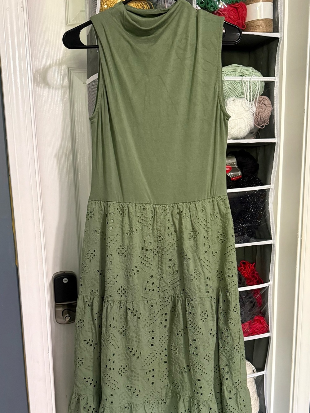 Sleeveless Olive Eyelet Tiered Maxi Dress - Women's